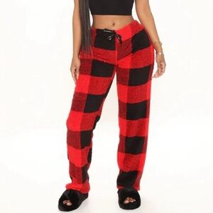 Fashion Nova Red and Black Plaid Plush PJ Pants